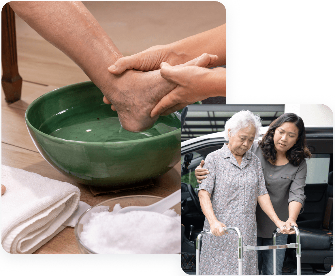 Elderly care: foot washing and walking assistance. Elderly care: foot washing and walking assistance.