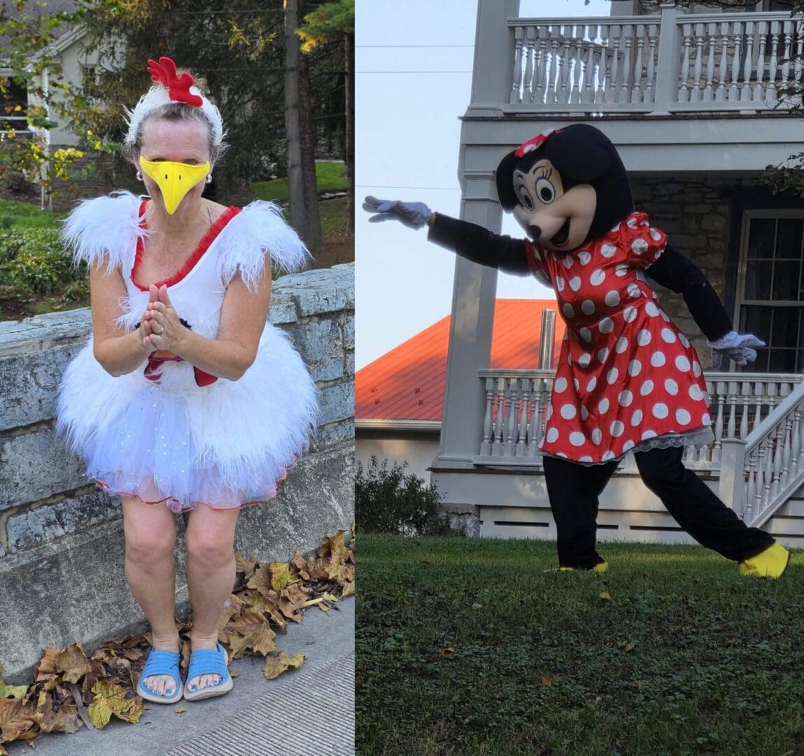 Two people in chicken and cartoon costumes.