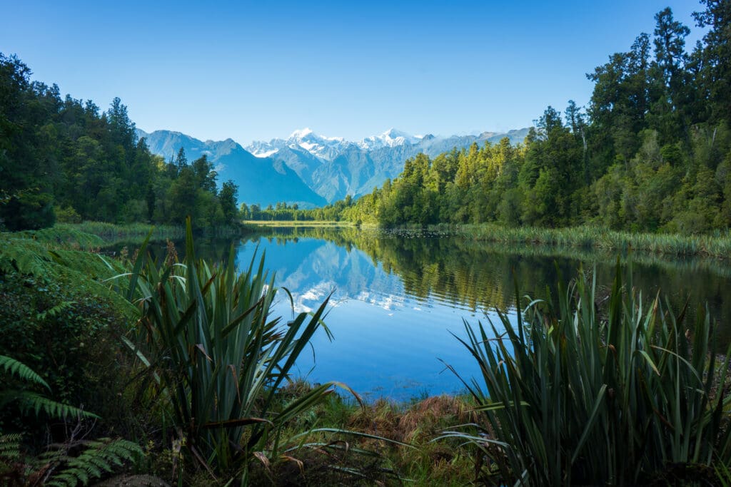 Mountain lake with trees and clear sky.