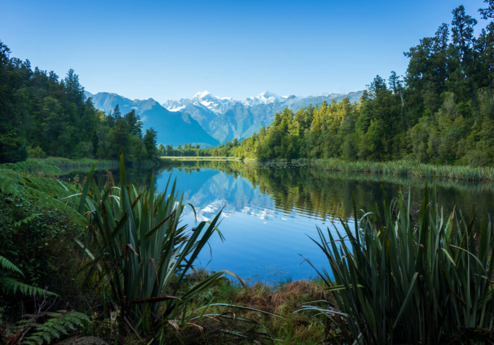Mountain lake with trees and clear sky.